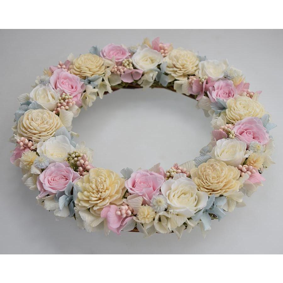 プリザーブドフラワーリース 白・ピンクのバラ アジサイ ギフト