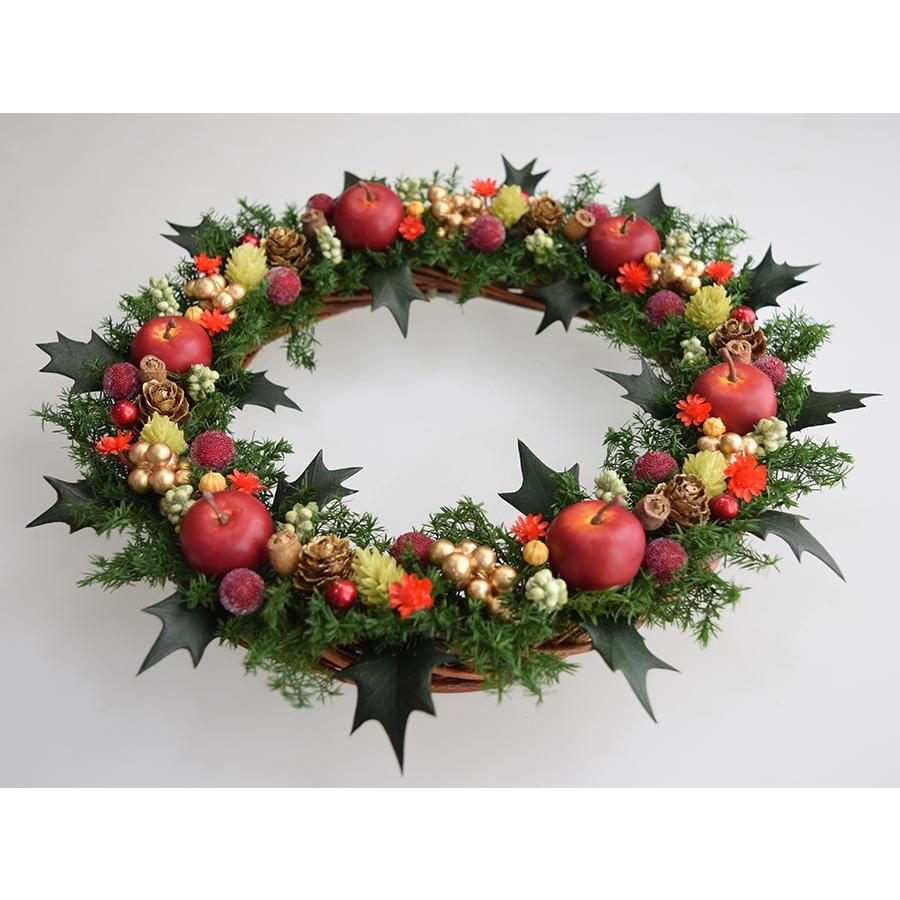 クリスマスリース 赤いリンゴとヒイラギの葉 葉はプリザーブド加工