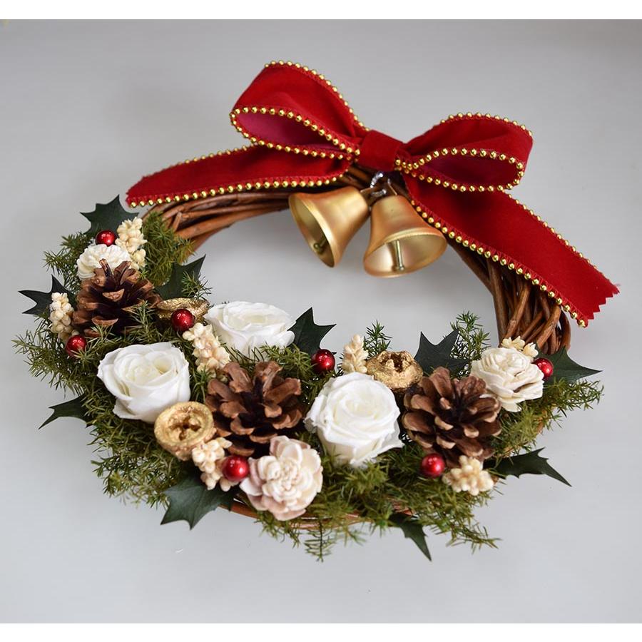 クリスマスリース プリザーブドフラワー 白いバラ 赤いリボンとベル  
