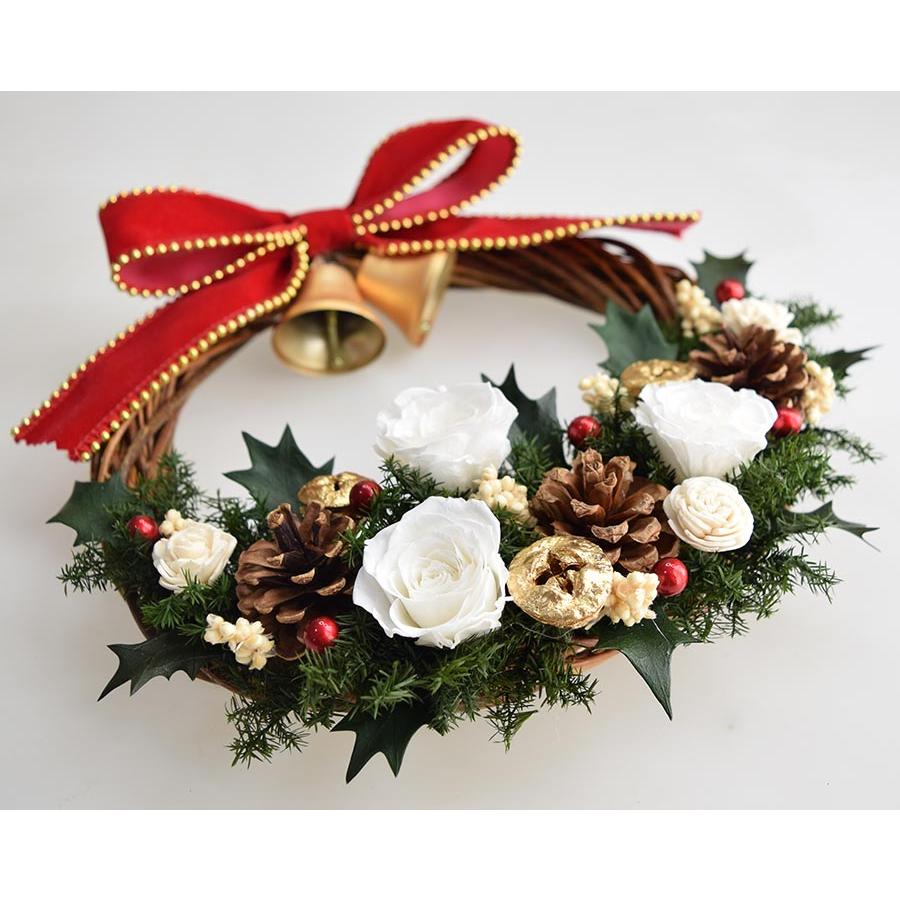 クリスマスリース プリザーブドフラワー 白いバラ 赤いリボンとベル