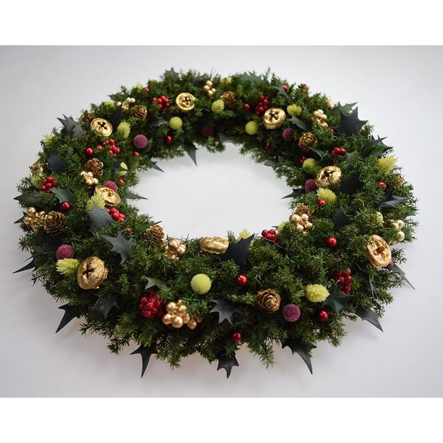 クリスマスリース ヒイラギの葉と赤い実 葉はプリザーブド加工 サイズ
