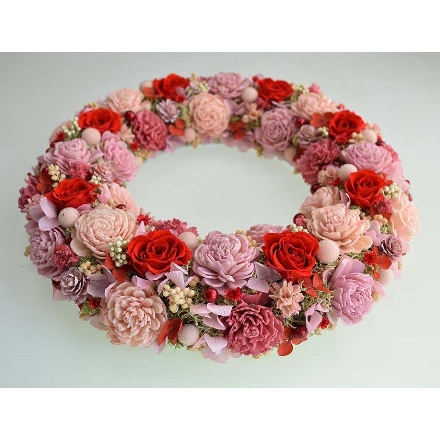 プリザーブドフラワーリース 赤いバラとピンクのソーラーフラワー 還暦