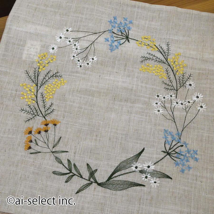 クッションカバー 約45×45cm ボタニカル 刺繍 花柄 麻混生地