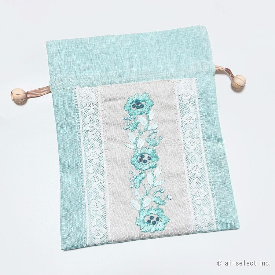 巾着 Lサイズ ポーチ 大きめ 花柄 刺繍 レース フローラル ブルー 水色 おしゃれ 大人可愛い エレガント 上品 レディース 女性 洗える 夏 涼しげ 夏小物 旅行 ト |  | 01