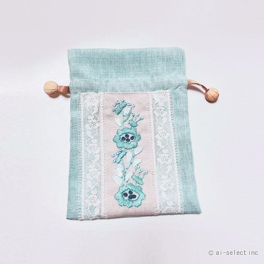 巾着 Mサイズ ポーチ 大きめ 花柄 刺繍 レース フローラル ブルー 水色 おしゃれ 大人可愛い エレガント 上品 レディース 女性 洗える 夏 涼しげ 夏小物 旅行 ト |  | 01