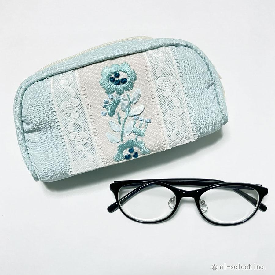 メガネケース 眼鏡ケース 花柄 刺繍 レース フローラル ブルー 水色 おしゃれ 大人可愛い エレガント 上品 レディース 女性 クッション材付き 保護 傷防止 洗え |  | 02