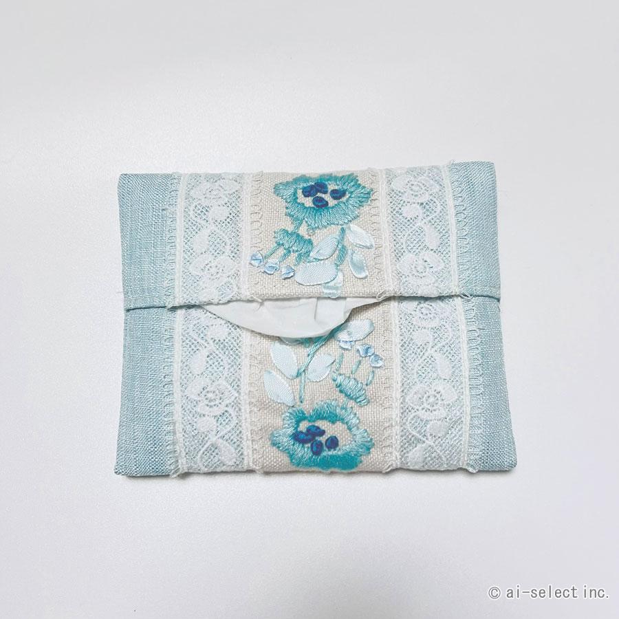 ポケットティッシュケース ティッシュケース 花柄 刺繍 レース フローラル ブルー 水色 おしゃれ 大人可愛い エレガント 上品 レディース 女性 洗える 夏 涼しげ |  | 01