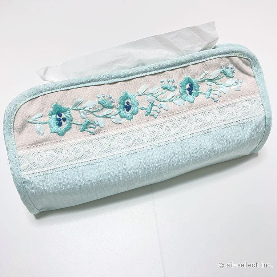 ティッシュボックスカバー ティッシュケース 花柄 刺繍 レース フローラル ブルー 水色 おしゃれ 大人可愛い エレガント 上品 洗える 夏 涼しげ 夏インテリア イ |  | 01