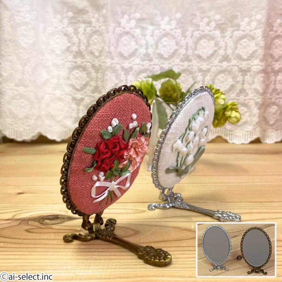 New 携帯手鏡 ハンドミラー リボン刺繍 スズラン カーネーション