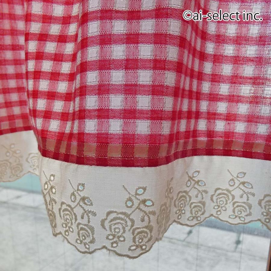 New カフェカーテン ポスト投函で送料無料 ギンガムチェック 約100×25cm ベリーショート レース付 日本製 赤 緑 棚隠し 小窓 おしゃれ 可愛い 目隠し |  | 06