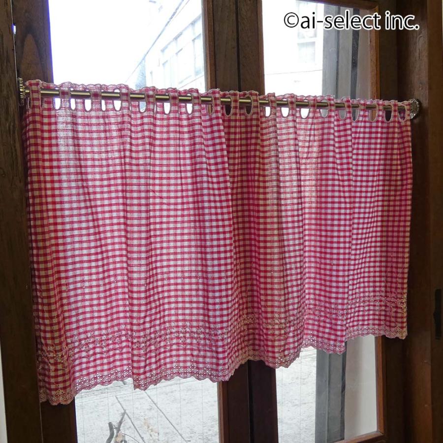 New カフェカーテン ポスト投函で送料無料 ギンガムチェック 約100×45cm ショート 小花 刺繍 日本製 赤 緑 棚隠し ワッフル調生地 おしゃれ 可愛い 目隠し |  | 02