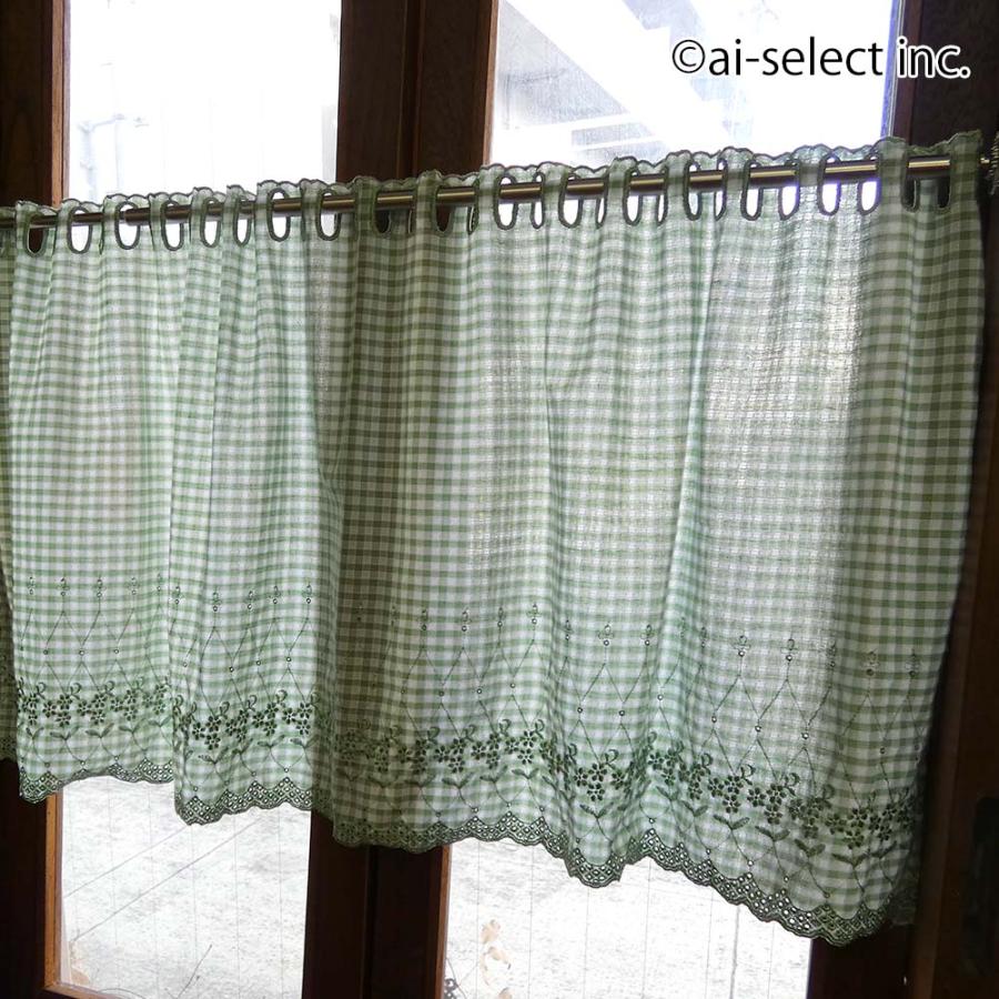 New カフェカーテン ポスト投函で送料無料 ギンガムチェック 約100×45cm ショート 小花 刺繍 日本製 赤 緑 棚隠し ワッフル調生地 おしゃれ 可愛い 目隠し |  | 03