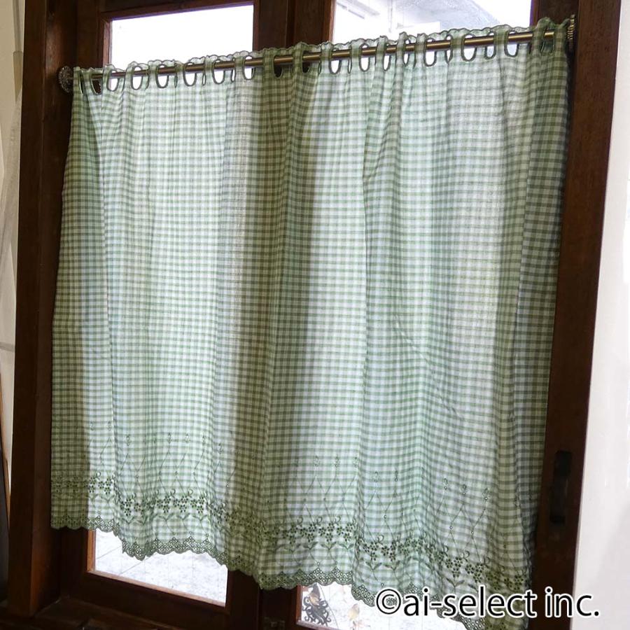 New カフェカーテン ポスト投函で送料無料 ギンガムチェック 約100×70cm セミロング 小花 刺繍 日本製 赤 緑 棚隠し ワッフル調生地 おしゃれ 可愛い 目隠し |  | 03