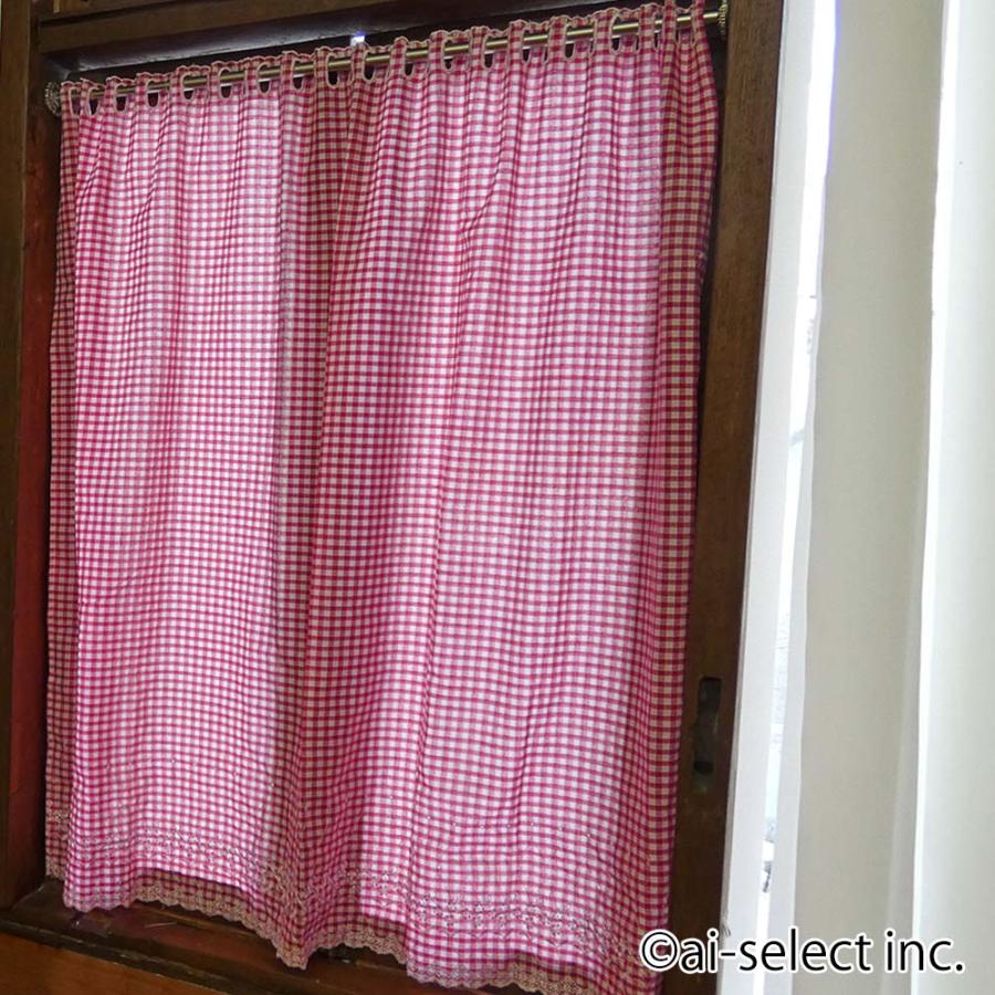 New カフェカーテン ポスト投函で送料無料 ギンガムチェック 約100×90cm ロング 小花 刺繍 日本製  赤 緑 棚隠し ワッフル調生地 おしゃれ 可愛い 目隠し |  | 01