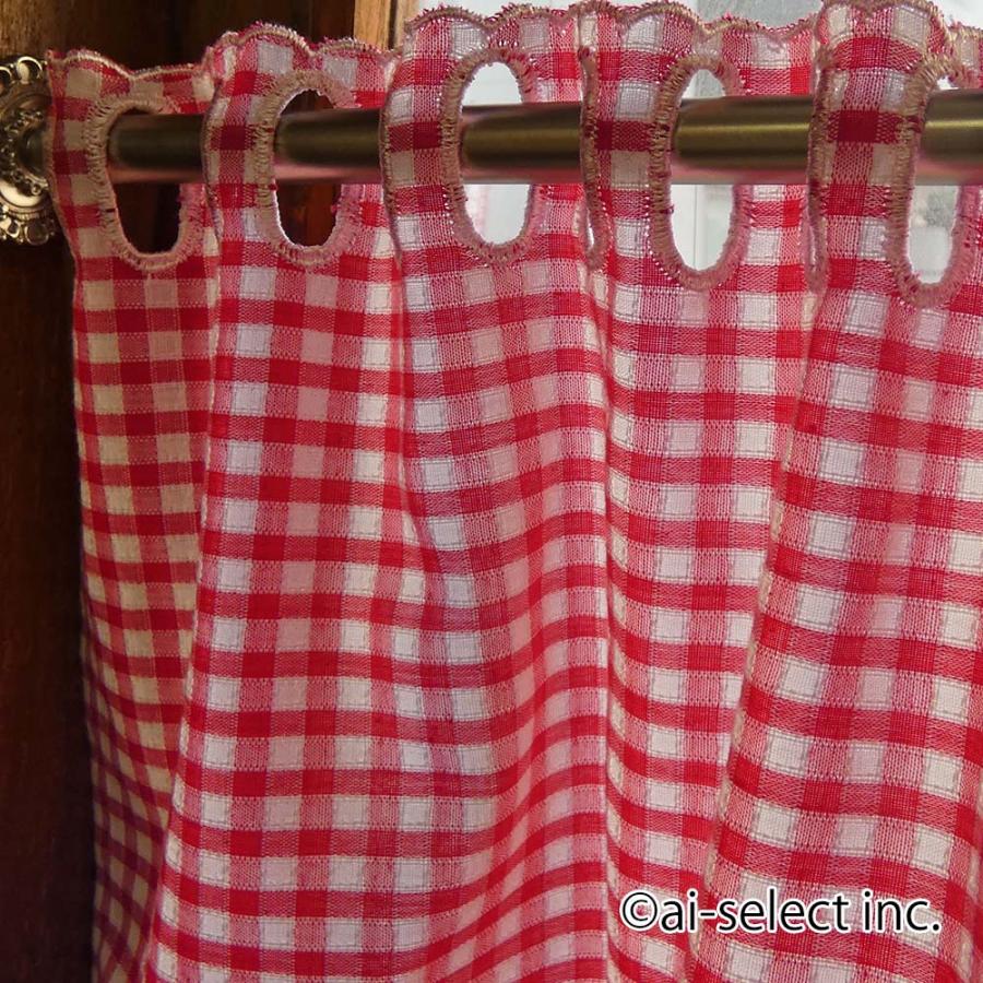 New カフェカーテン ポスト投函で送料無料 ギンガムチェック 約100×90cm ロング 小花 刺繍 日本製  赤 緑 棚隠し ワッフル調生地 おしゃれ 可愛い 目隠し |  | 06