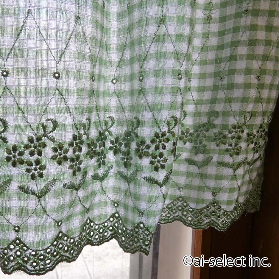 New カフェカーテン ポスト投函で送料無料 ギンガムチェック 約100×90cm ロング 小花 刺繍 日本製  赤 緑 棚隠し ワッフル調生地 おしゃれ 可愛い 目隠し |  | 07