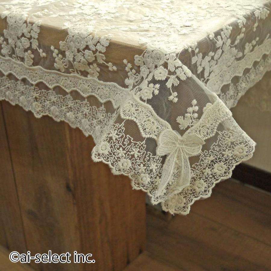 New ai 約90x90cm テーブルクロス チュールに刺繍 リボン が 可愛い