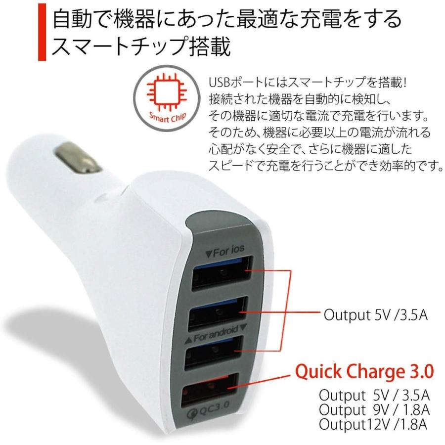 カーチャージャー 車載充電器 シガーソケット チャージャー QC3.0対応 小型 急速充電 4ポート USB 変換 Phone 、Android 、IQOS対応｜aishop-jjl｜02