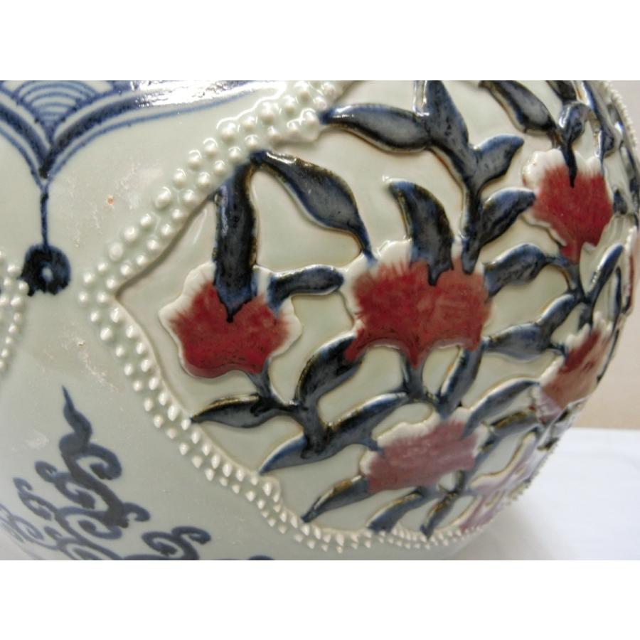 中国陶磁器 大壷 染付辰砂 花波文 辰砂窓絵浮き出し作行き