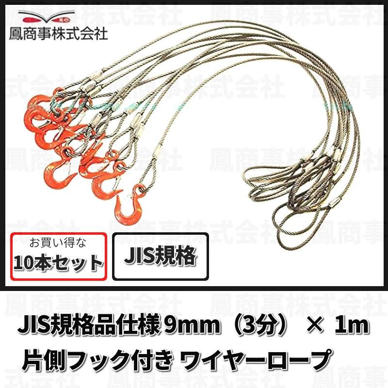 鳳商事株式会社 Φ9mm(3分) フック付ワイヤーロープ 10本セット (1m) 玉掛け メッシュパレット ワイヤーロープ スリング 吊り具 シャックル｜aistore2019