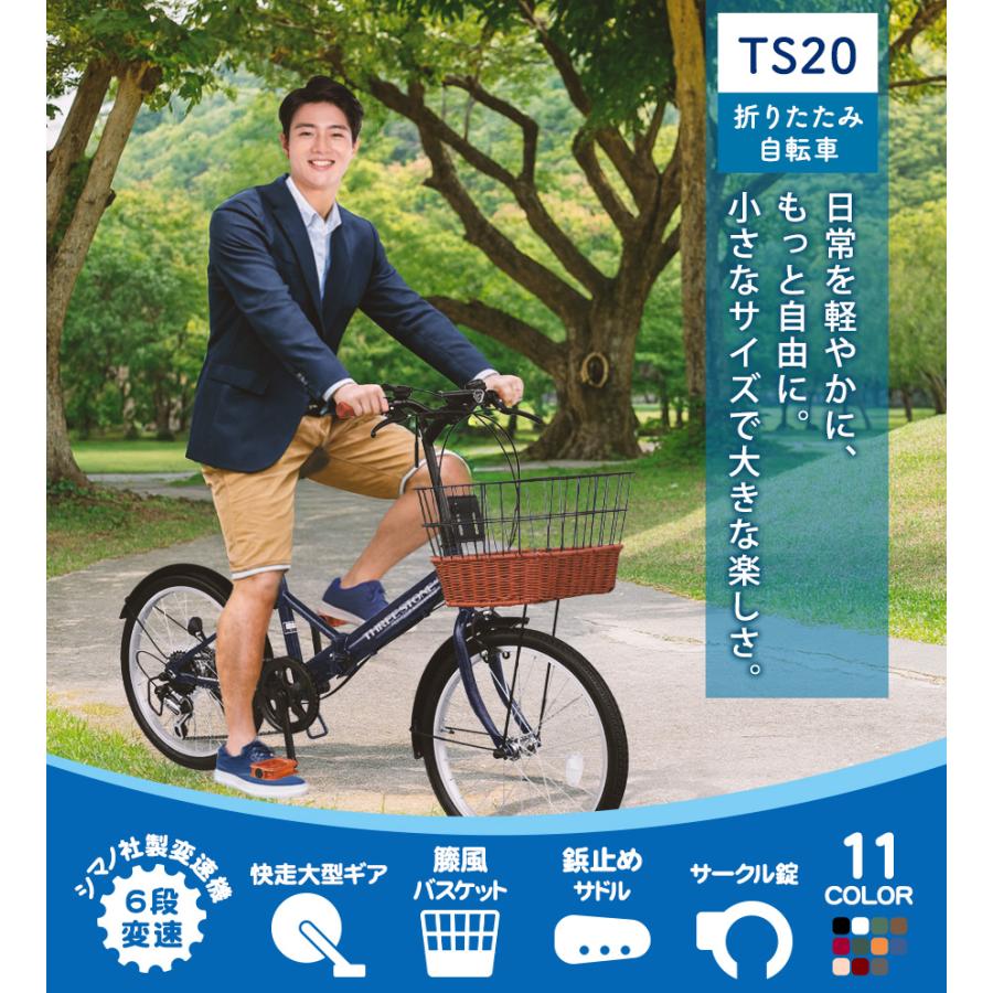 自転車 折りたたみ自転車 20インチ シマノ 社製 外装 6段 ギア 荷台 カゴ 付き フロント LEDライト プレゼント [TS-20] | アイジュサイクル | 22