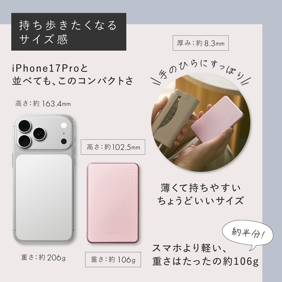 モバイルバッテリー 5000mAh 20W 1cm 100g 2h MagSafe PSE認証) LINKA