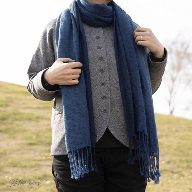 天然藍染ブルーウールストールレディース メンズ 男女兼用 ストール