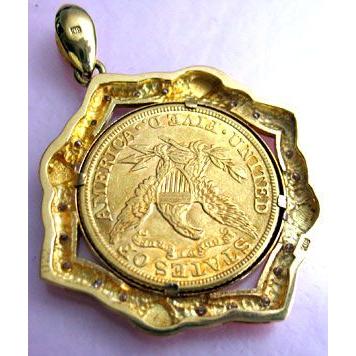 K18枠ペンダントヘッド K18ゴールド枠 18金枠/1881年 アメリカ金貨 コイン ＄5