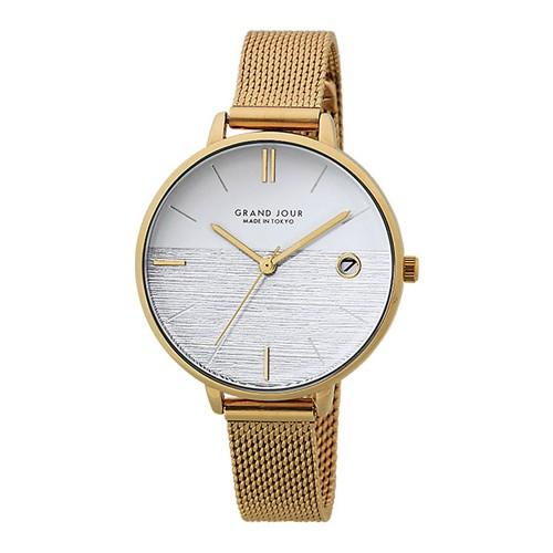 サンフレイム　レディスウォッチ　日本製腕時計/GRAND JOUR（グランジュール）　メッシュベルト　日付表示/ゴールド　MJ-GJUA02-G(取）