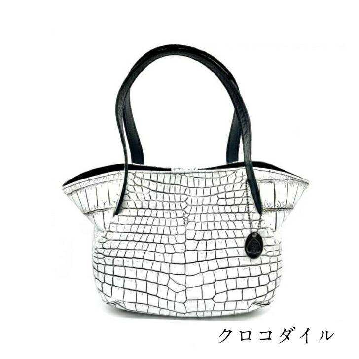 美品ハンドバッグ本革クロコ型押しホワイトバニラレディース牛革白