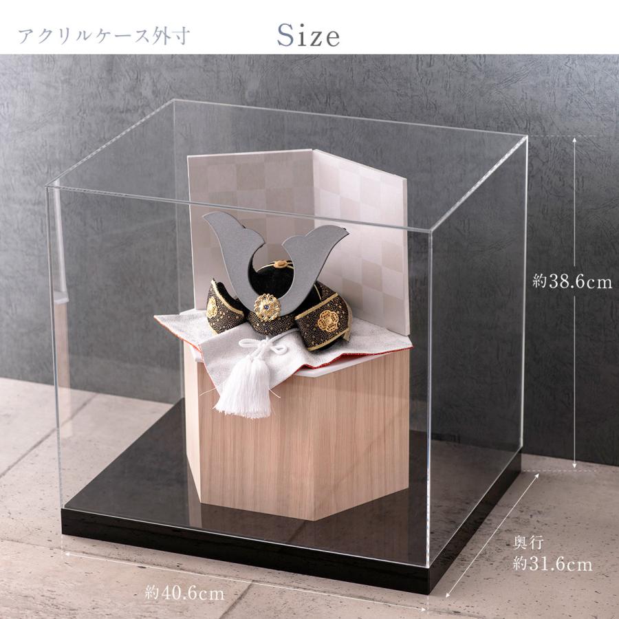 五月人形 コンパクト 兜飾り 六角収納飾り リュウコドウ オリジナル 初節句 六角箱金襴銀兜−黒 白屏風付_14