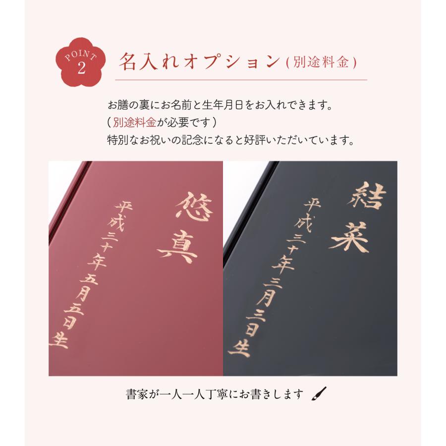 お食い初め 食器セット 名入れ お膳 初膳 日本製 書家が手書きで 男の子 赤色 女の子 黒色 おくいぞめ お祝い お膳裏への名入れ｜akacyann｜09