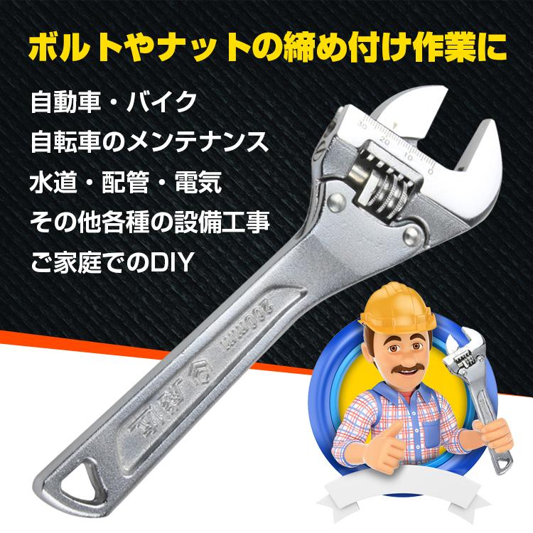 モンキーレンチ 200mm 早回し機能 最大開口30mm 目盛り メンテナンス