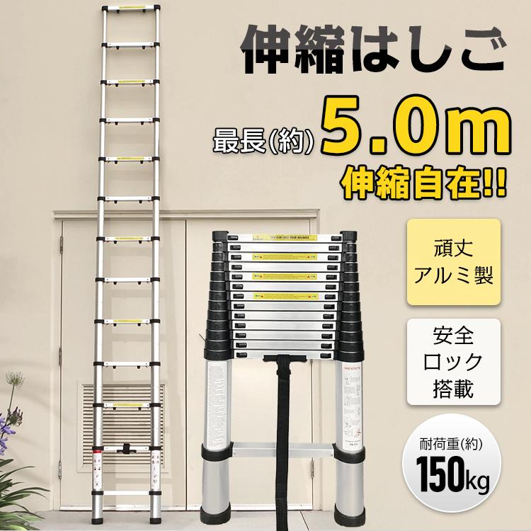 はしご 5m 伸縮 梯子 アルミ製 伸縮はしご 伸縮型 ハシゴ スーパーラダー スライド式 ロック 高所 作業 洗車 足場 掃除 調整 コンパクト 収納 便利 zk135｜akaneashop