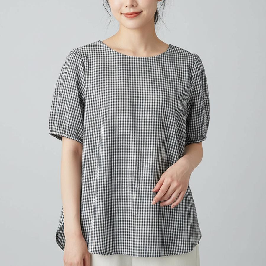 新品★Rene★DM掲載★透け感が可愛いチェック柄チュニック★38★41800円 数量限定 レディース チュニック ギンガムチェック柄 半袖 ボート