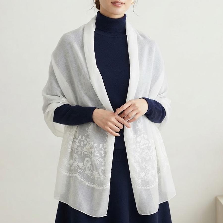 大判ストール ロング ホワイト 白 刺繍 無地 花柄 コットン 綿 肌触り