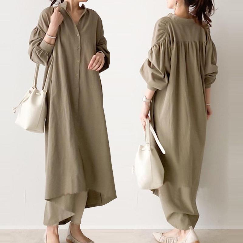 レディースシャツワンピース 無地 ロング マキシ丈 長袖 ボーリュームスリーブ シャツ襟 ゆったり 快適 楽 女性 春 秋 夏 カーキ 172 A B Outlet 通販 Yahoo ショッピング