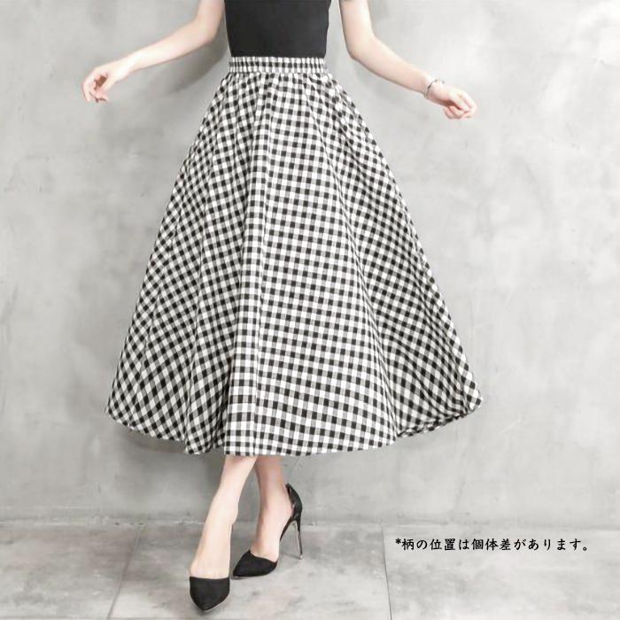 数量限定 スカート Aライン フレア ギンガム チェック柄 ウエストゴム