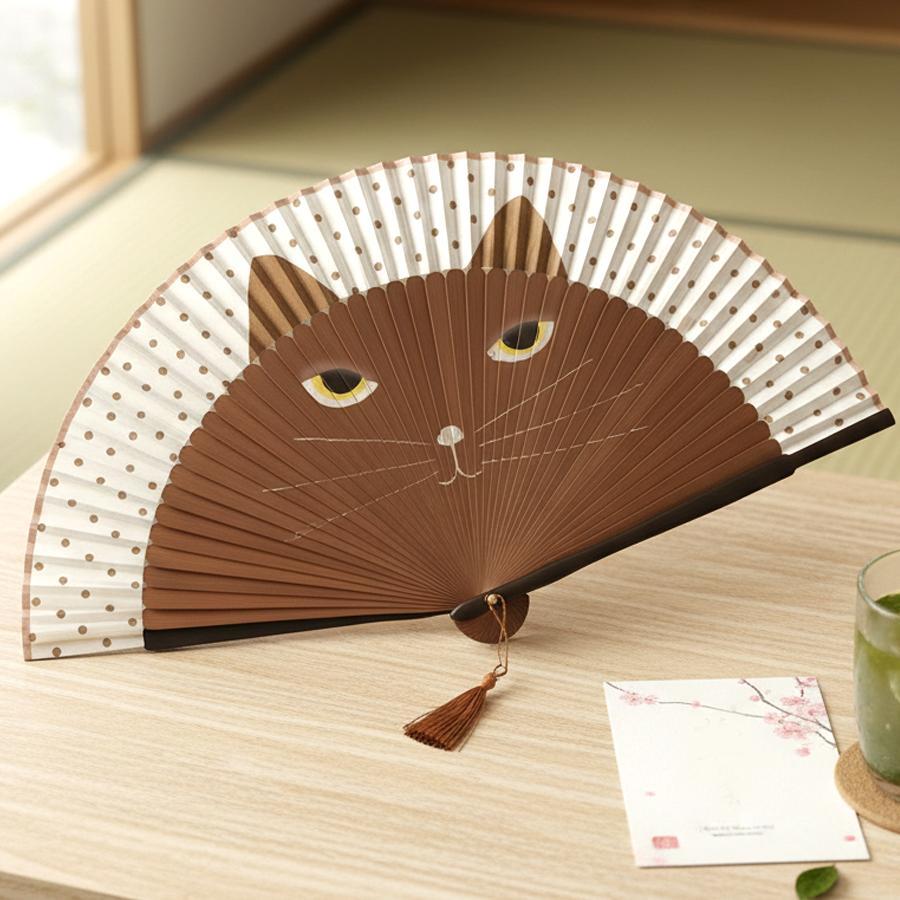 黒猫デザイン 竹製 扇子 猫耳 ドット柄 和風 夏 祭り 花火大会 浴衣