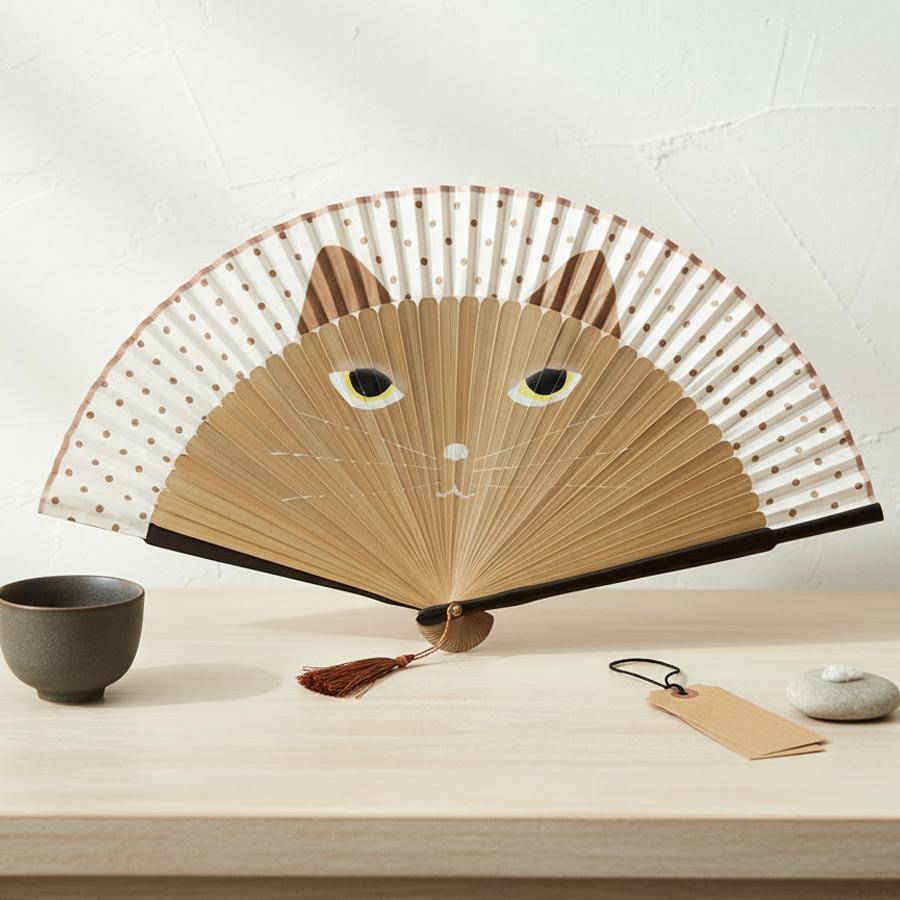 数量限定 扇子 猫扇子 黒猫 お洒落もの 短地 黒猫グッズ 茶扇 能扇
