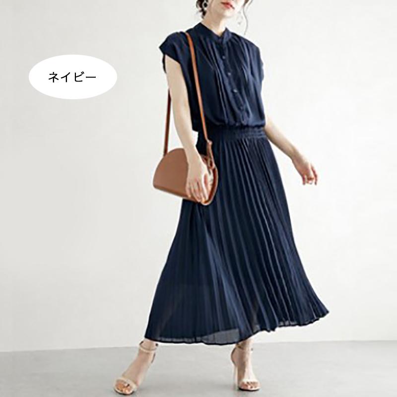 レディースロングプリーツワンピース マキシ丈 ミモレ丈 シャツワンピ 無地 ノースリーブ シフォン ふんわり 春 夏 秋 裏地付き 薄地 大人 エレガント 3 A B 通販 Yahoo ショッピング