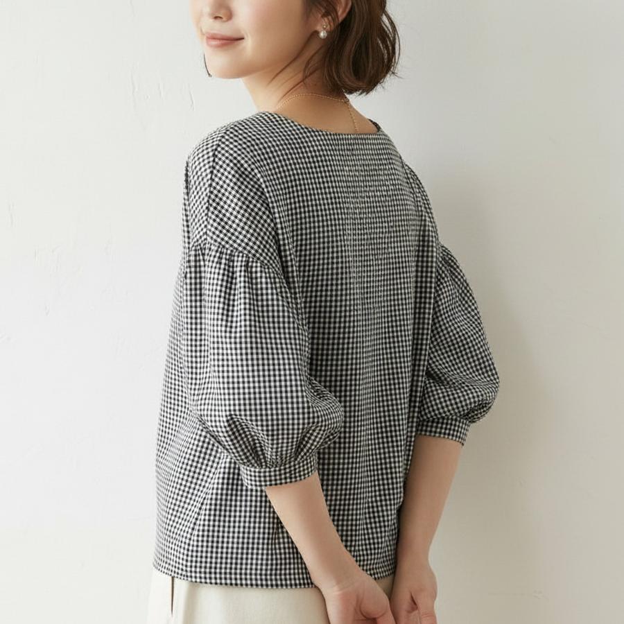 数量限定 レディース ギンガム チェック柄 ブラウス シャツ 七分袖