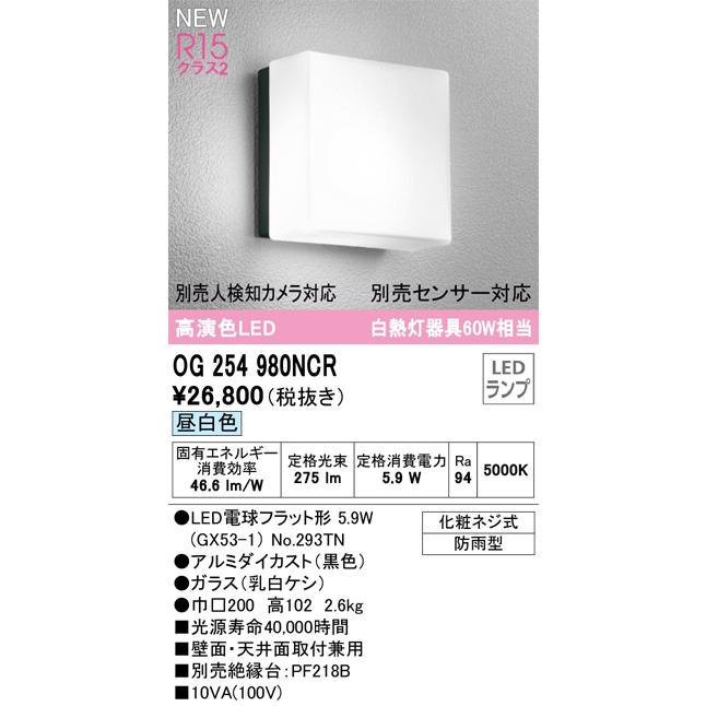 セールなどお得に購入 OG254980NCR オーデリック ポーチライト 白熱灯器具60W相当 昼白色 防雨型