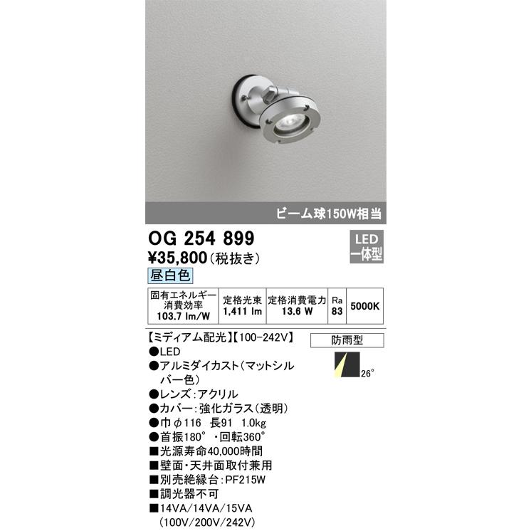 OG254899 オーデリック エクステリア スポットライト ビーム球150W相当 昼白色 防雨型の画像