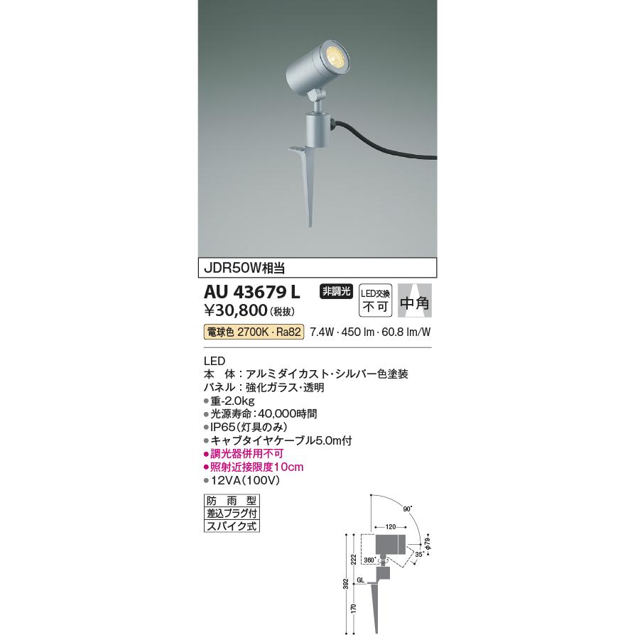 AU43679L コイズミエクステリアスパイクスポットライトLED 防雨型
