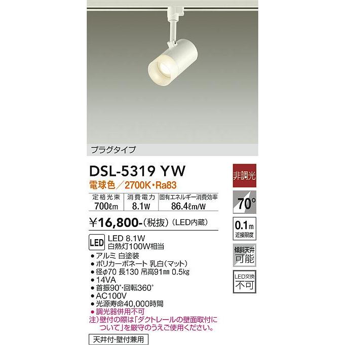 DSL5319YW 大光電機 スポットライト 白熱灯100W相当 電球色 レール取付専用 DSL-5319YW