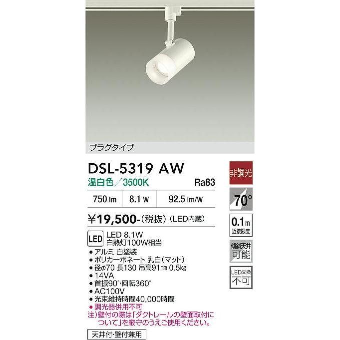大光電機　LEDスポットライト DSL-5319AW ダクトレール用　2個セット 大光電機 LEDスポットライト DSL-5319AW ダクトレール用 2個セット