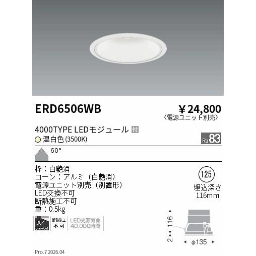 遠藤照明 安心のメーカー保証 【インボイス対応店】ERD6506WB（電源