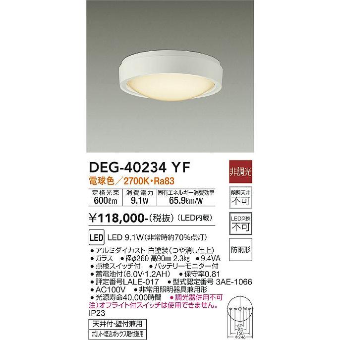 安心のメーカー保証【送料無料】大光電機 DEG-40234YF 屋外灯 非常灯 LED≪即日発送対応可能 在庫確認必要≫灯の広場 実績20年の老舗の画像