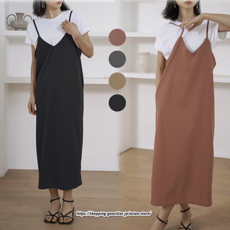 ワンピース きれいめVネックキャミワンピース ロング マキシ丈